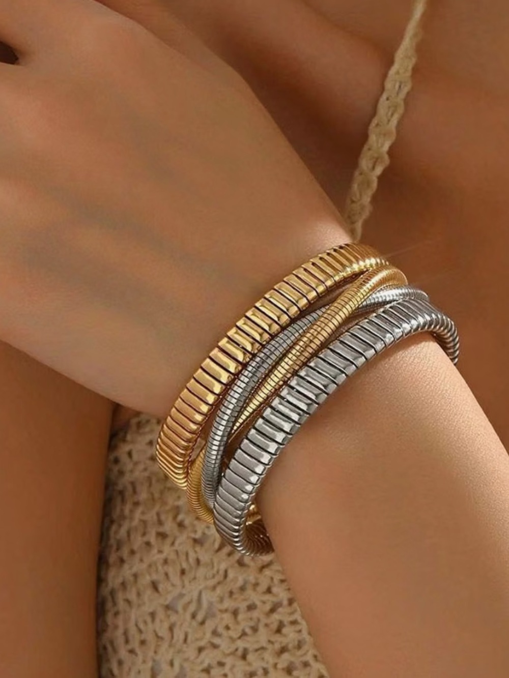 Metallic Two-Tone Ribbed Cuff Bracelet Set - Picture 2 of 4
